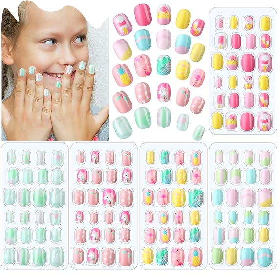 120 Pieces Kids Press on Nails Children Fake Artificial Nails Girls Full Cover Short False Christmas Fingernails for Girls Kids Design Decoration(Bright Summer)