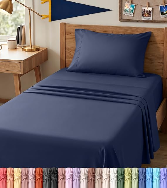 Twin XL Sheets Set, 3 Pieces 16" Deep Pocket Hotel Luxury Sheets, Navy Blue