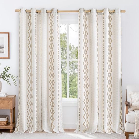 Boho Linen Curtains for Living Room 84 Inches Long Jacquard Geometric Drape