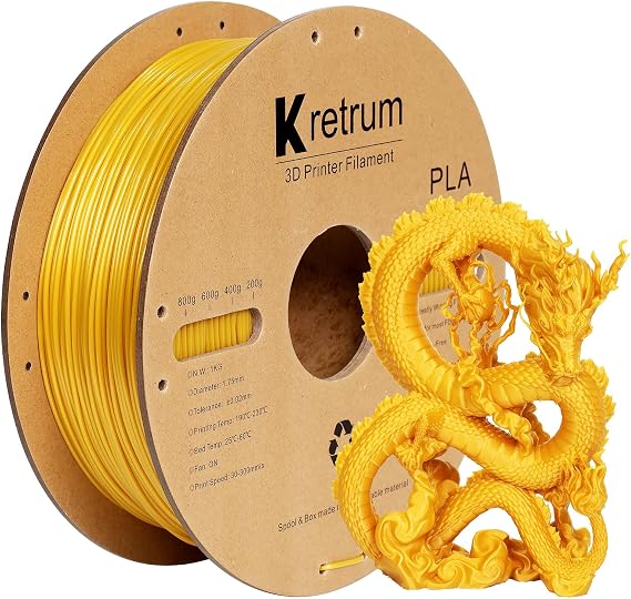 Kretrum PLA Filament 1.75 mm 3D Printer Filaments Cardboard Spool Refills 1 kg Widely Compatible for Most FDM 3D Printers Fits ELEGOO Anycubic FlashForge Creality Bambu Prusa ect. Gold