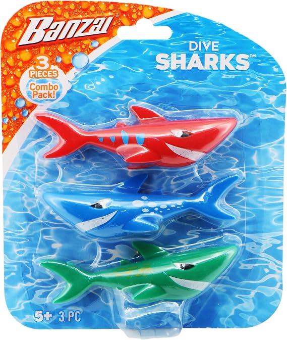 BANZAI 3 Piece Dive Sharks Pool Toys On Blister Card