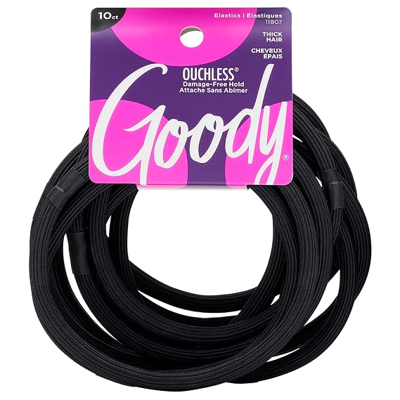 Goody Ouchless XL & Extra Thick Hair Elastics - Black Hair Ties for Women, No Damage, Strong Hold for Thick Hair, Curly or Textured Styles - 10 Count, Gentle & Secure Ponytail Holders