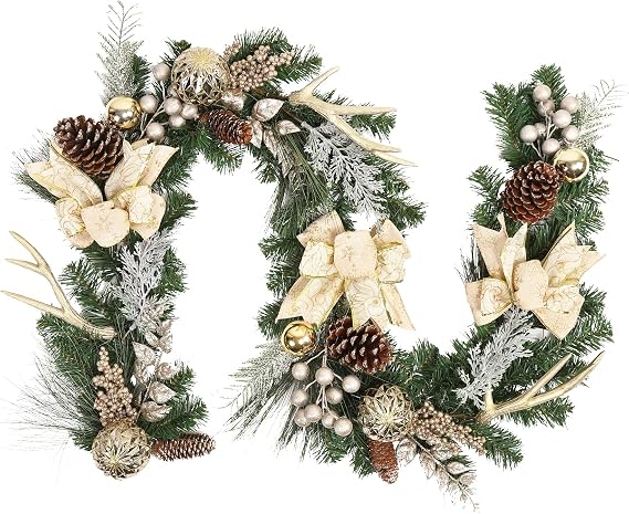 Christmas Garland with Lights, Champagne Gold 6FT 20LED Pre-Lit Christmas Garland with Ball Ornaments, Ribbons, Pine Cones and Artificial Antlers for Door Mantle Stairs Christmas Decoration