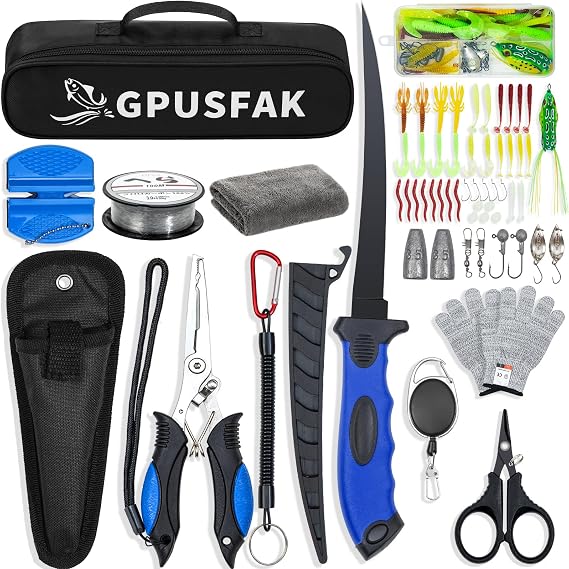Fishing Tool Kit, 50 Pieces Fishing Gear, Fishing Pliers with Lanyard, Fillet Knife, Fish Lip Gripper, Fly Ice Fishing Hook Extractor, Anti-Cutting Gloves, Fishing Lures Baits Accessories