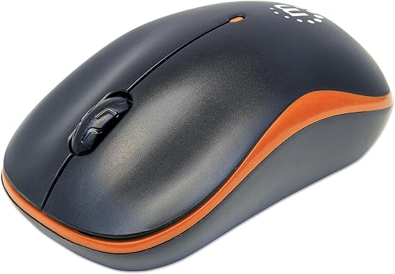MANHATTAN Success Wireless Optical Mouse, 1000 DPI, USB, Black/Orange | 2.4GHz RF desktop pointer, 1000 dpi tracking, scroll wheel, nano receiver, Windows and Mac compatible | 179409