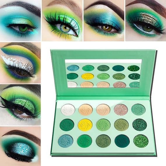 Afflano Green Eyeshadow Palette, Green Glitter Eyeshadow Highly Pigmented, Forest Emerald Christmas Makeup Palettes, Yellow Lime Grass Greenish Makeup Eye Shadow Pallet 15 Color