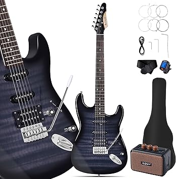 Leo Jaymz 39" Full Size ST Style Electric Guitar Starter Kit with SSH Pickup, 5W Portable Amp, Tuner, Gig Bag, Strap & AccessoriesBlack Flame 5W