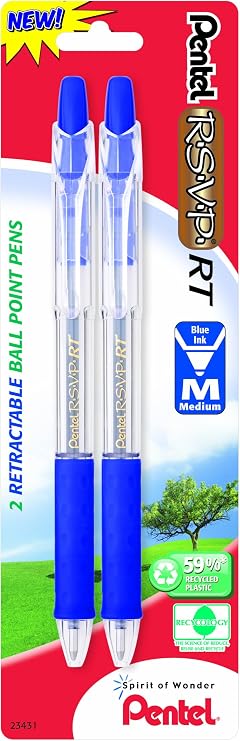 Pentel R.S.V.P. RT New Retractable Ballpoint Pen, Medium Line, Blue Ink, 2 Pack BK93BP2C