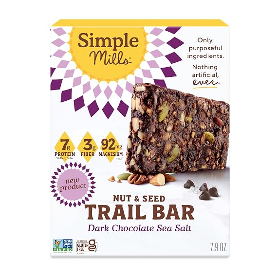 Simple Mills Nut and Seed Trail Bars, Dark Chocolate Sea Salt, 1pk, 5ct | Tasty Snack Bars with Pumpkin Seeds, Almonds, Pecans, and Buckwheat, Good Source of Fiber and Excellent Source of Magnesium