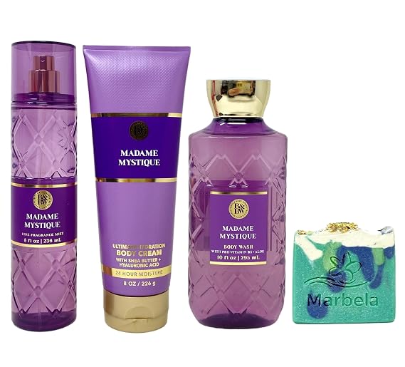Bath & Body Works Madame Mystique Trio Gift Set - Fragrance Mist, Body Cream and Body Wash - with an Aloe Vera Bar Soap - Full Size