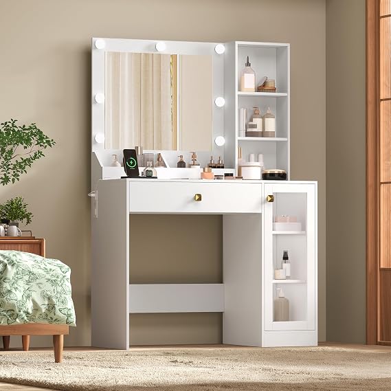 White Vanity Desk with Mirror and Lights, 34" LED Small Vanity Table with Power Outlet & Large Storage Drawers, 3 Color Adjustable Lights, Dressing Table for Bedroom & Apartment