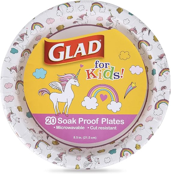 Glad for Kids Disposable Paper Plates, Unicorns, 8.5 Inch, 20 Count