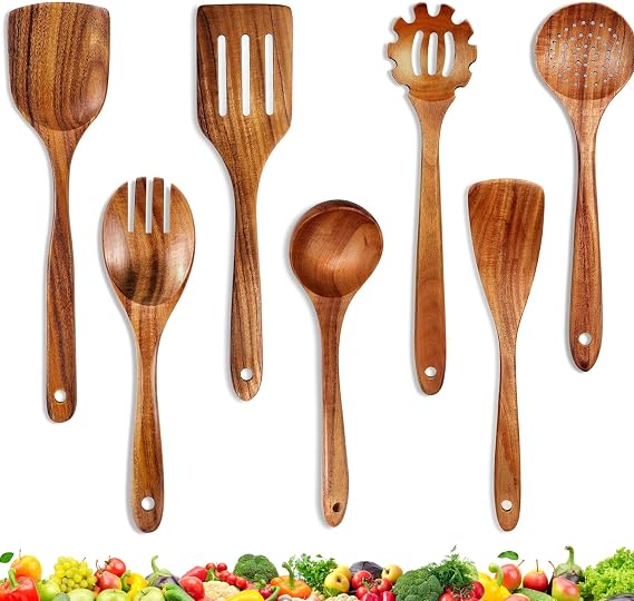 ACMETOP Wooden Spoons for Cooking, 7 Pcs Natural Teak Kitchen Utensil Set, Wooden Cooking Utensils Set for Nonstick Pans & Cookware
