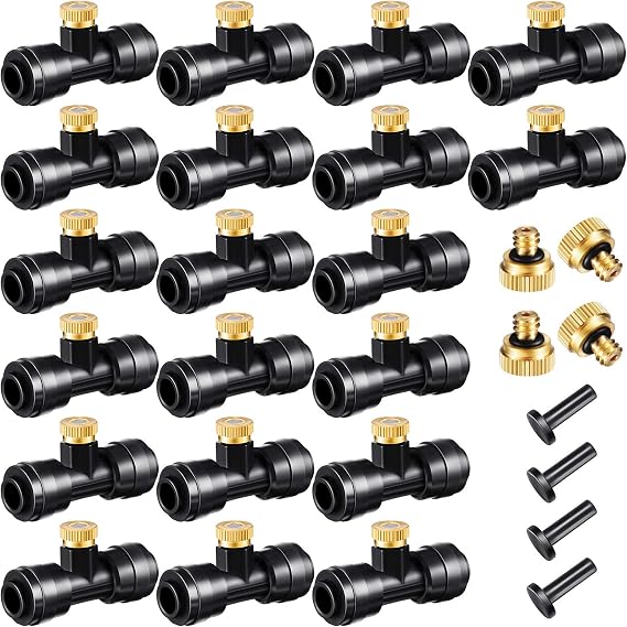 48 Pieces Brass Misting Nozzles Include Water Misting Tees Thread 1/4 Inch and Brass Orifice Nozzle with Black Plug for DIY Outdoor Patio Garden Backyard Cooling Spray System