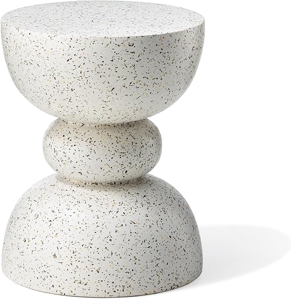 Glitzhome Outdoor Side Table, Round Accent End Table, Lightweight Faux Terrazzo Decorative Garden Stool, 17.25" H White Planter Stand for Patio Porch Balcony Living Room