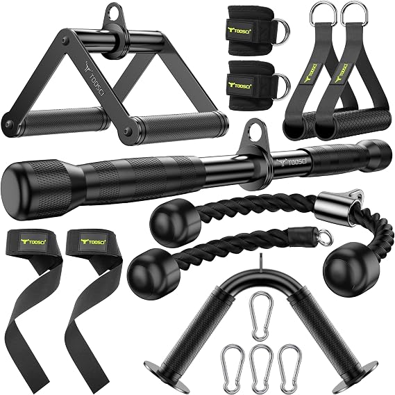 Cable Attachments for Gym, LAT Pulldown & Cable Machine Attachment Set: V-Shaped Bar, Rotating Straight Bar, V Rotation Handle, Nylon Tricep Rope, Ankle Straps & Handles, Home Gym
