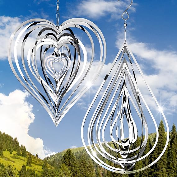 Jetec 2 Pcs Reflective Wind Spinners Outdoor Stainless Steel Bird Woodpecker Devices Deterrent 3D Metal Hanging Wind Spinners for Women Gifts Garden Decor Yard Patio Farm, Heart, Water Drop(Silver)