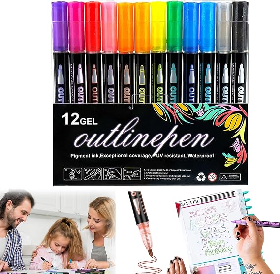 Dreamy Sparkle Dual-Line Contour Pen, Outline Pens Metallic, 8/12/24/36/48 Colors Double Line Outline Art Pen Markers, Quick-Dry Ink for Drawing, Coloring & DIY Crafts (12colors)