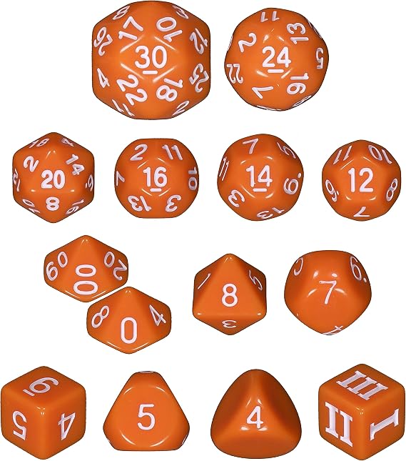 Orange - 14 Unusual Dice Set Approved for Use with Dungeon Crawl Classics (DCC)