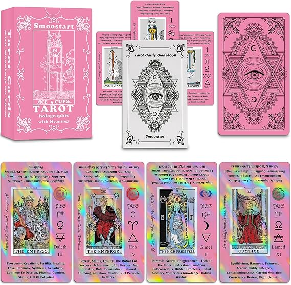 Smoostart Holographic Pink Tarot Cards for Beginners with Meanings on Them