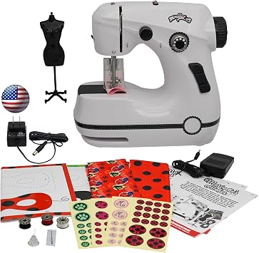 Miraculous Ladybug - Marinettes Mini Sewing Machine For Beginners And Kids, Dual Speed Portable Machine with Miraculous Fabric, Black Mannequin, Superhero Mask Cutouts, And Foot Pedal Wyncor