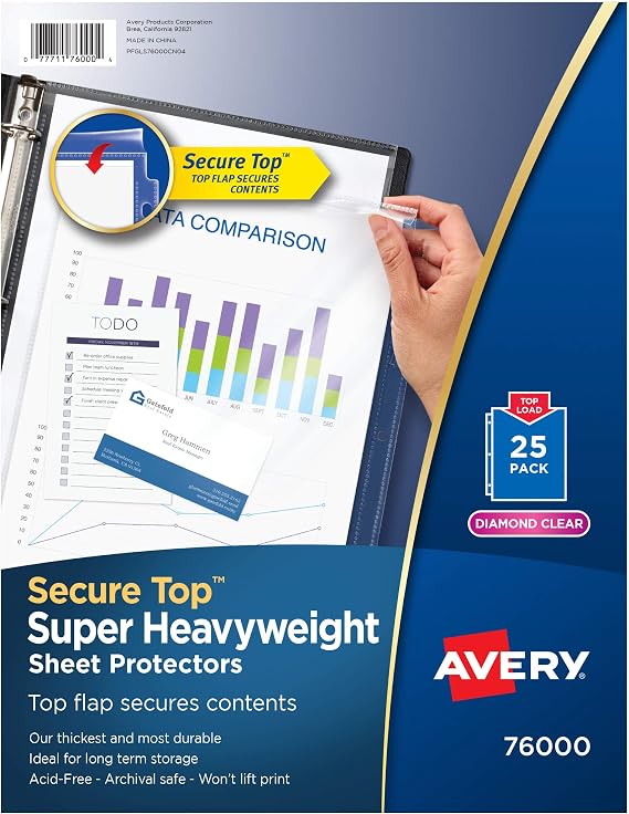 Avery Diamond Clear Top Sheet Protectors, Super Heavyweight Page Protectors for 3 Ring Binder, Clear Binder Sheet, 25 Count (76000)