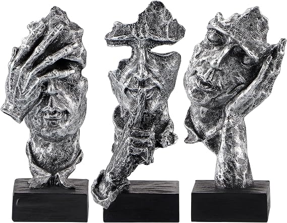 MOLIGOU 3Pcs Thinker Statue, No Hear No See No Speak Abstract Art Figurine, Sculpture Decor for Office, Desktop, Bookshelf (Silver)