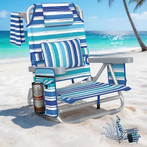 5-Position Backpack Beach Chair for Adults with Lumbar, Foldable Tall Heavy-Duty Beach Chairs with Cooler Bag,Cup Holder,Towel Rack for Beach,