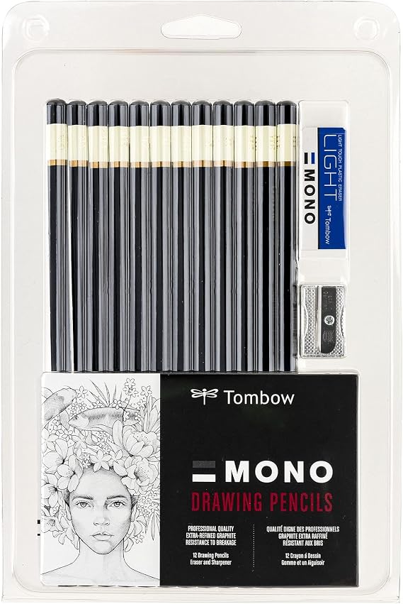 Tombow 51523 MONO Drawing Pencil Set, Assorted Degrees, 12-Pack. Professional Quality Graphite Pencil Set with Eraser and Sharpener