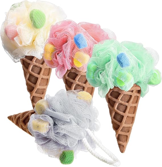 Geiserailie 4 Pieces Kids Loofah Ice Cream Cone Bath Sponge Kids Bath Shower Sponge Body Scrubber Exfoliating Loofah for Spa Shower