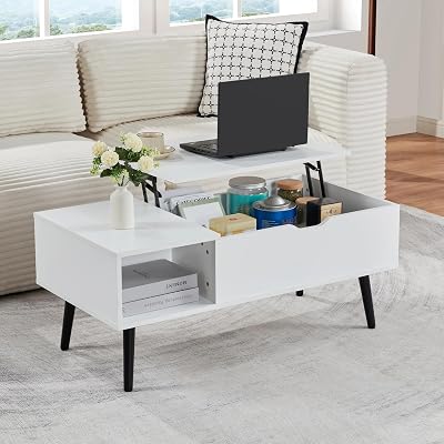 SANODESK 39 Wood Lift Top Coffee Table with Hidden Compartment and Storage Shelf for Living Room, Reception Room, White