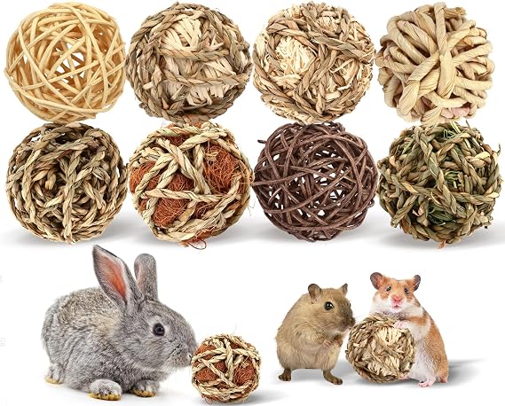 Bunny Rabbit Chew Grass Balls, Rolling Chew Toys for Small Animals (8 Pcs)