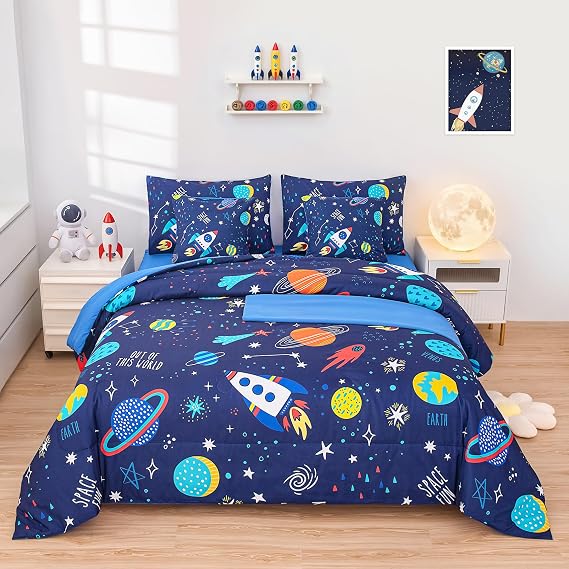 Boys Full Size Space Bedding Set - 7 Piece Rocket & Galaxy Comforter with Deep-Pocket Sheet, Whole-Piece Filling, Machine Washable Bed-in-a-Bag for Kids' Room Makeover & Gifts