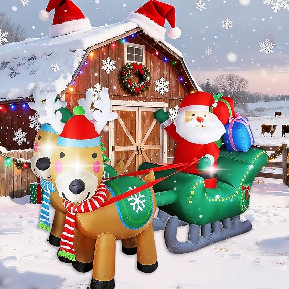6.7FT Christmas Inflatable Santa Sleigh with Two Reindeer, Christmas Blow Up Yard Decorations, Outdoor Christmas Decorations with LED Lights, Durable Christmas Inflatable for Garden, Lawn, Porch