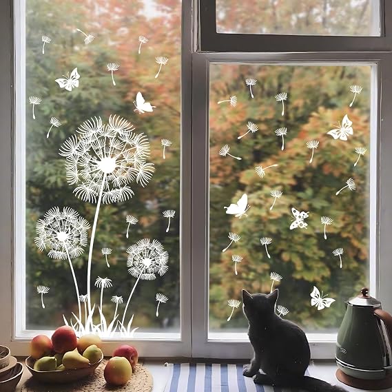 Supzone White Dandelion Window Clings Flying Flowers Butterflies Spring Summer Window Decals Anti-Collision Glass Doors Stickers Decoration Gifts for Mom
