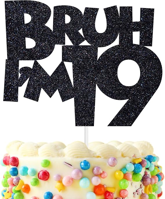 Bruh I'm 19 Cake Topper, Bro I'M 19, Cheers to 19 Years, Happy 19th Birthday Party Decorations Supplies for Boys Men, Black Glitter