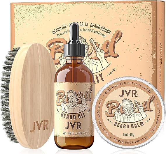 JVR Beard Grooming Kit for Men, Beard Care Kit Includes Oil and Balm,100% Boar Brush Vegan Just for Men Mustache, Perfect Gifts for Him Man Dad Boyfriend | Mustache care, Softens beard, Beard oil, Beard balm, 100% Boar bristle brush, No Oily and Messy, Gift for men