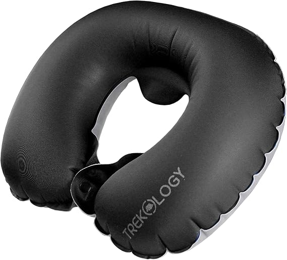 TREKOLOGY Inflatable Neck Pillow for Travel Compact Ultralight Air Pillow with Button Inflation & Quick Deflate Dual-Fabric Neck Support Cushion for Airplane, Car, Train, Bus