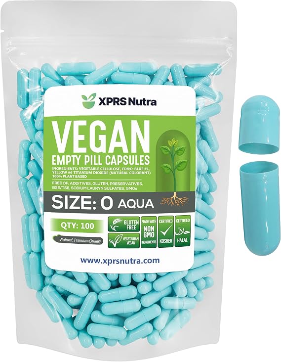 XPRS Nutra Size 0 Empty Capsules - 100 Count Empty Vegan Capsules - Vegetarian Pills - DIY Vegetable Capsule Filling - Veggie Pill Caps for Do-It-Yourself Supplements (Aqua)