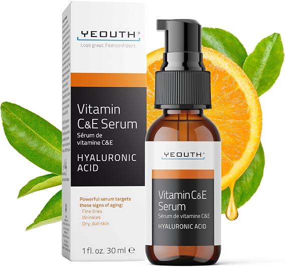 YEOUTH Vitamin C Serum for Face with Hyaluronic Acid and Vitamin E, 1oz | Brightening Face Serum, Targets the Appearance of Fine Lines and Uneven Skin Tone