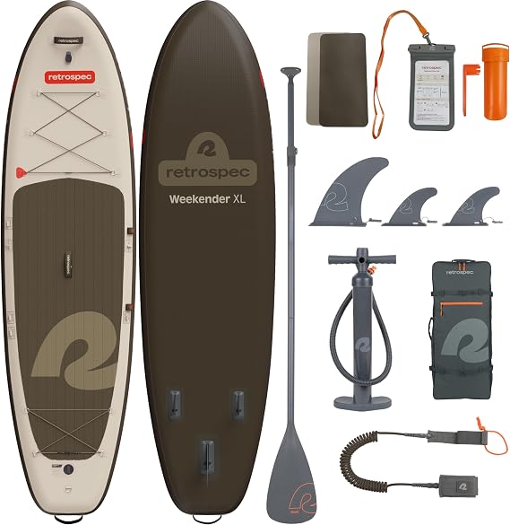 Retrospec Weekender XL Inflatable Paddle Board - Lake Essentials SUP with 400lb Capacity - Wide 11' x 35" x 8" All-Around Board for Fishing & Touring - Complete Kit with Paddle, Pump & Backpack