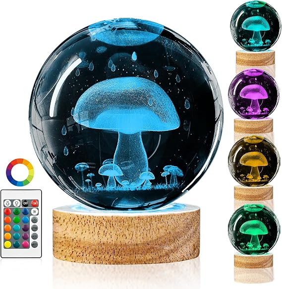 3D Crystal Ball Night Light with Remote - Upgraded 3.15 in Mushroom Glass Ball Lamp with 16 Color Wooden LED Base Cute Room Table Lamp Decor Gifts for Kids, Teens, Women