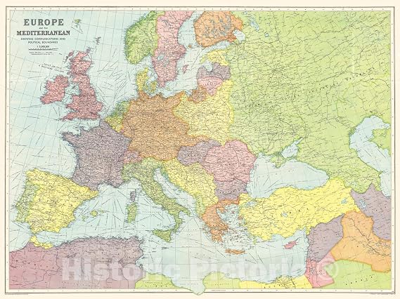 Historic Pictoric Map : Europe 1939 2, Bartholomew's map of Europe & The Mediterranean Showing Communications and Political Boundaries, Antique Vintage Reproduction : 30in x 24in