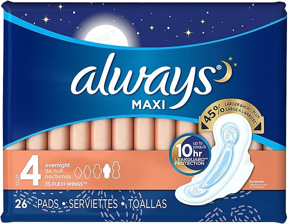Always Maxi Overnight Pads with Wings, Size 4, Overnight, Unscented, 26 CT