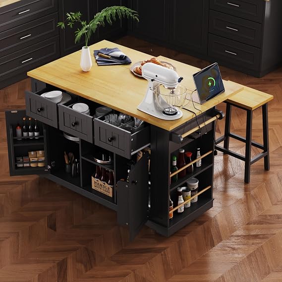 53inch Large Kitchen Island with 2 Bar Stools, Power Outlet, Internal Storage Rack, Kitchen Storage Cart on 5 Wheels with Drop Leaf, 5 Open Side Racks, 3 Drawers, for Kitchen,Black