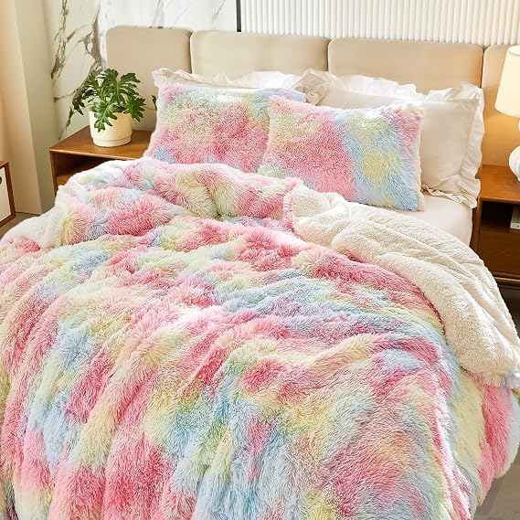 Flysheep Luxury Faux Fur Shaggy Fluffy Comforter Set Full/Queen Size Colorful Rainbow Long Hair, 3 Pieces Plush Flannel Sherpa Backing Reversible Soft Microfiber Bedding Set Super Warm for Winter