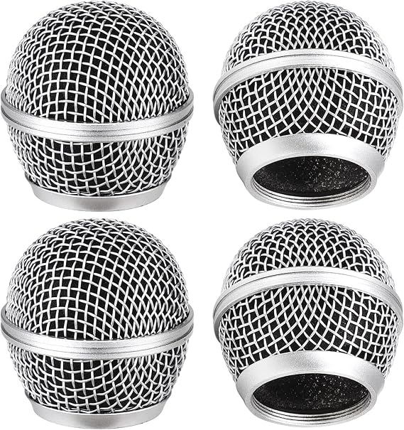 Facmogu 4PCS SM58 Grill Microphone Head Replacement, Grille Mic Head | Microphone Grille Ball with Inner Foam | Steel Mesh Microphone Heads | Fits for SM58 SM58S SM58LC BETA58 BETA58A | Silver
