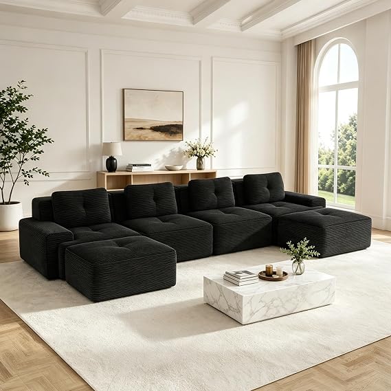 Modern U Shaped Boneless Couch with Ottoman, 152.7 Oversized 6 Seater Modular Sectional Sofa, Comfy Corduroy Cloud Sleeper Sofa with Deep Seat, Upholstered Couches for Living Room, Apartment, Black