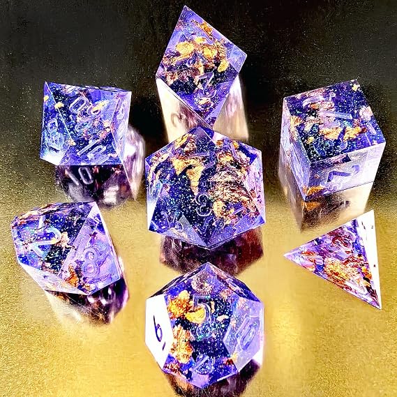 Unpainted Shimmery Sharp Edge DND Dice Set with Golden foil, Handmade 7 Piece Razor Edged Polyhedral RPG Dice Set for Role Playing Games