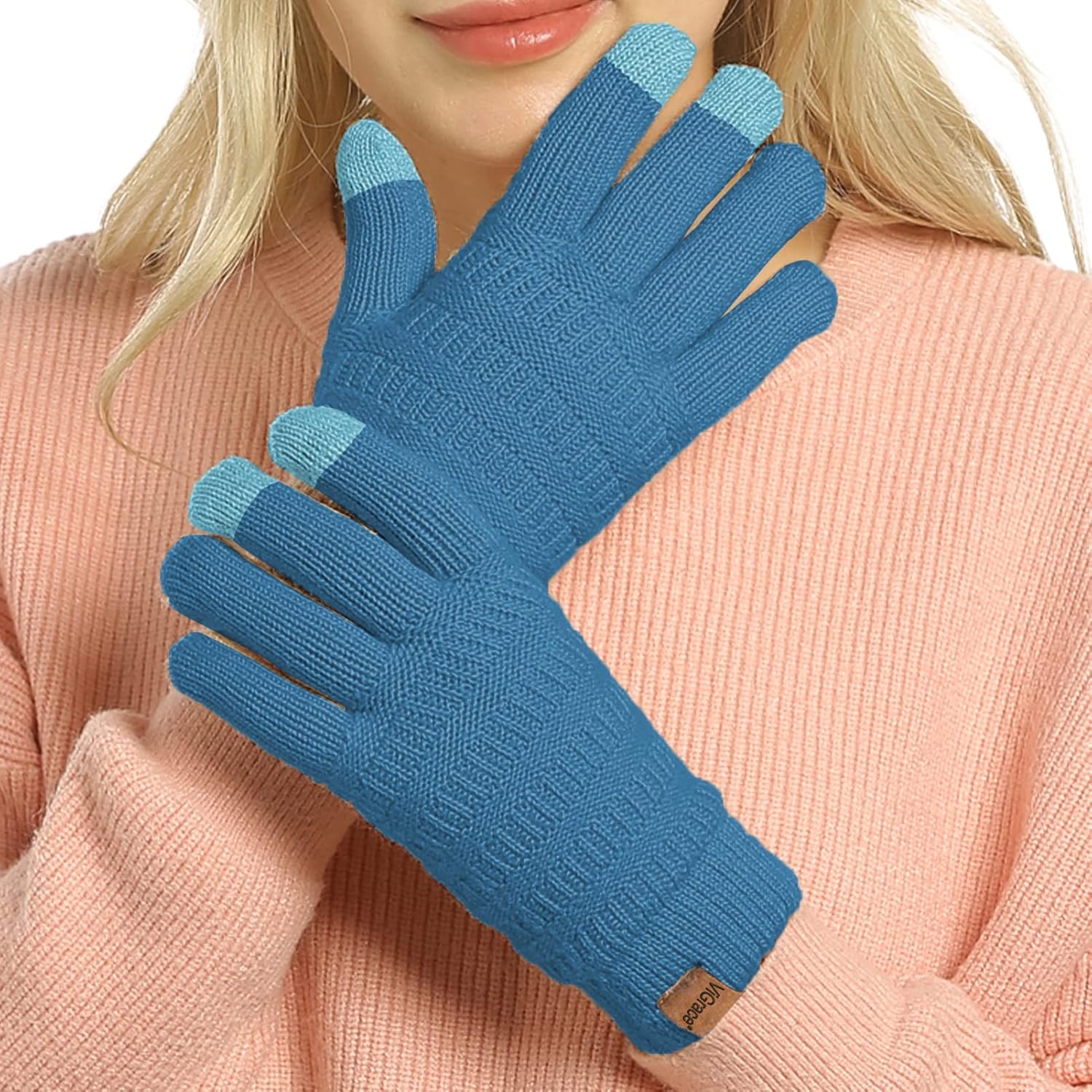 ViGrace Womens Winter Touchscreen Gloves Cable Knit Warm Lined 3 Fingers Dual-layer Touch Screen Texting Thermal Glove